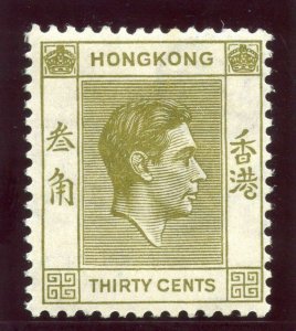 Hong Kong 1938 KGVI 30c yellow-olive (p14) MLH. SG 151. Sc 161.