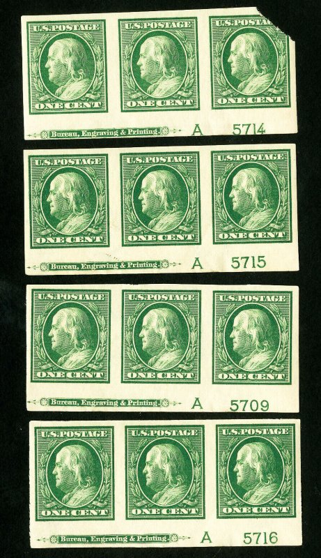 US Stamps # 383 Superb Lot of 4 P.O. fresh imperf. strips of 3 OG NH