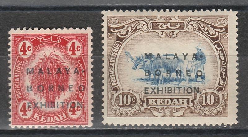 KEDAH 1922 MALAYA BORNEO OVERPRINTED RICE SHEAF 4C & OX 10C 