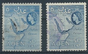 Aden 1953 - QE2 50c both shades wmk Mult Script CA - SG58-59 used