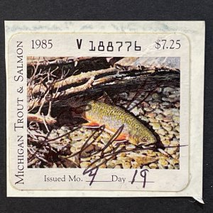 1985 Michigan $7.25 Trout & Salmon Fishing Stamp Used on Piece