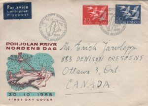 Finland 1956 FDC Sc 343-344 Whooper swans Airmail to Canada