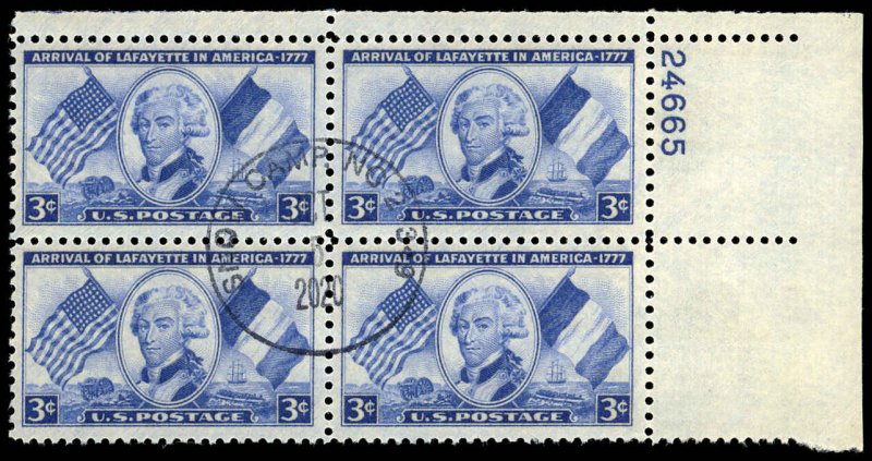 US Sc 1010 USED PLATE BLOCK of 4 -1952 3¢ Lafayette - Central hand stamp - nice