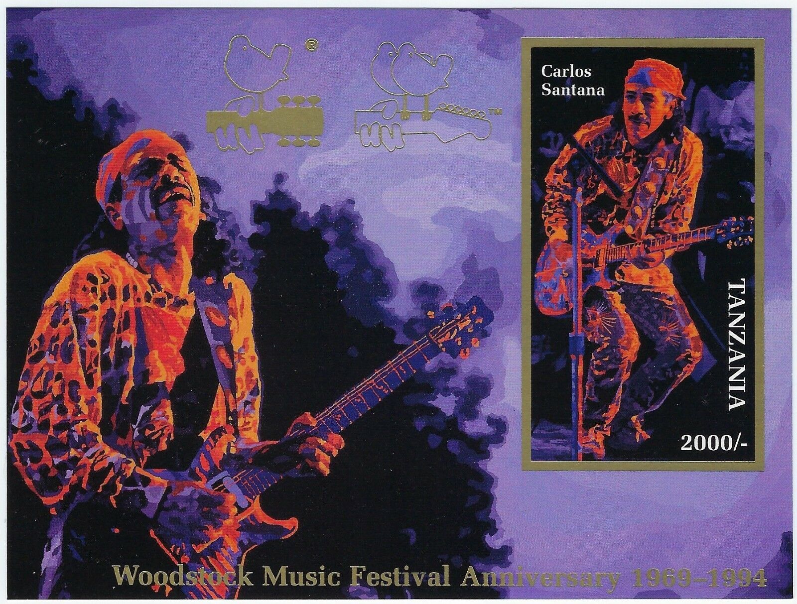 1995 Tanzania - Woodstock Music Festival 25th Anniversary - Carlos Santana  souvenir sheet for sale at Mystic Stamp Company