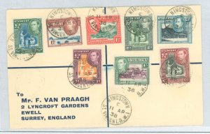 St. Vincent  1938 Royalty, King George VI, Reg. to U. K., 8 stamps issued 1938 from 141-51