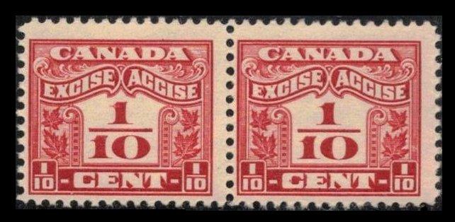 CANADA REVENUE 1915 #FX34 3/10c CARMINE MNH PAIR OF FRACTIONAL EXCISE TAX STAMP