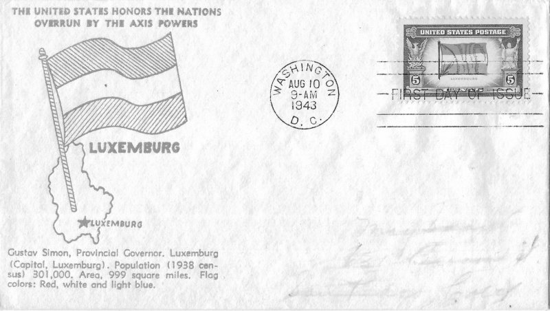 1943 FDC, #912, 5c Overrun Country - Luxembourg, Crosby M-21