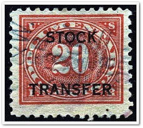 RD6 20¢ Stock Transfer Stamp (1918-22) Cut Cancelled