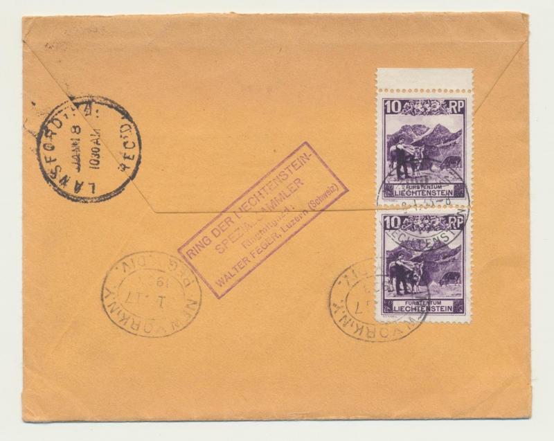 LIECHTENSTEIN 1933 REG. AIRMAIL COVER VADUZ TO USA, Sc#C1-3+96 ON REV(SEE BELOW