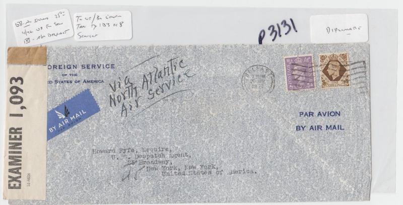 GB (BELFAST)-USA 1942 CENSOR(#1,093) COVER TAPE TYPE 1B3 SCARCE, 1sh3(SEE BELOW)