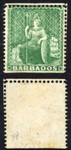 Barbados SG17 (1/2d) Deep Green Clean Cut perf 14 to 16 M/M Cat 190 pounds