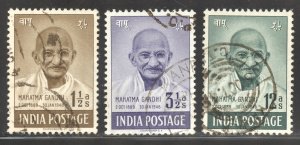 India Scott 203-05 Used NH - 1948 Mahatma Gandhi Issue - SCV $17.50