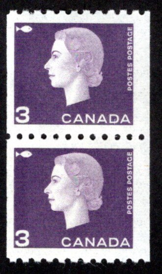 Scott 407, 3c purple, Pair, F, MNHOG, Cameo Issue, Coil, Canada Postage Stamps