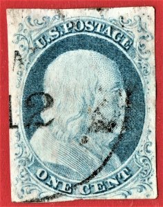 [0783] 1852 Scott#9 1¢ blue Franklin NICE 4 margins