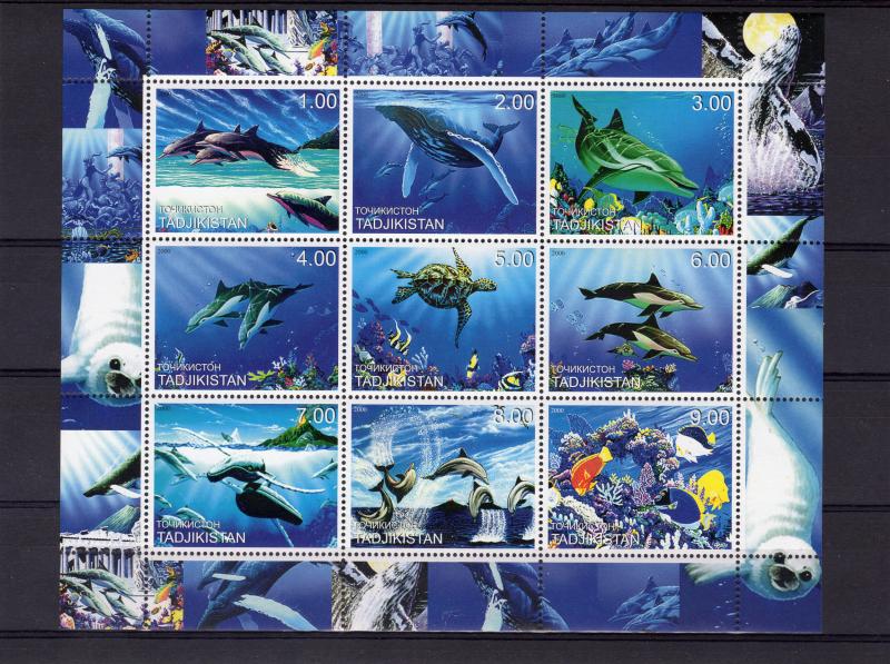 Tajikistan 2000 Marine Life/Dolphins/Turtles/Corals Sheetlet (9) Perforated MNH