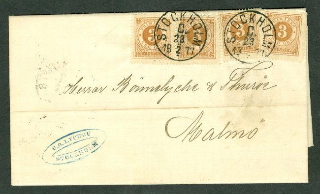 SWEDEN 1877 3ore tied Stockholm folded letter to Malmo