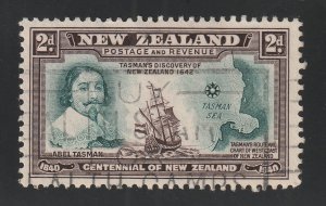 New Zealand, stamp, Scott#232, used, hinged, 2d, green, ship, map