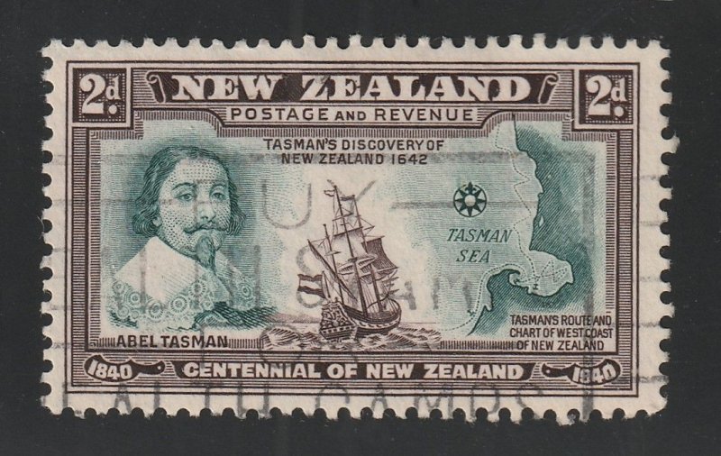 New Zealand, stamp, Scott#232, used, hinged, 2d, green, ship, map