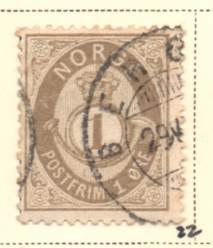 Norway Sc 22 1877 1 ore drab Post Horn stamp used