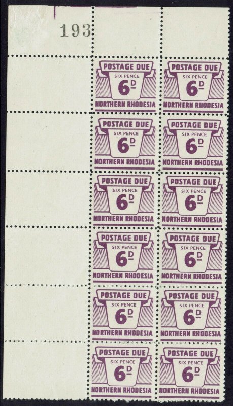 NORTHERN RHODESIA 1963 POSTAGE DUE 6D MNH ** BLOCK 