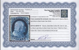 CERTIFIED US Stamp #19 1c Blue Franklin Type Ia  USED SCV $10000