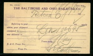 US SC#UX24 BALTIMORE & OHIO RR CO PRINTED CARD HUNTINGTON WV 5/9/1917 AS SHOWN