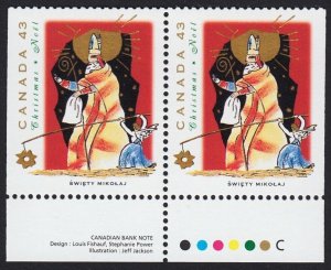 Christmas * Santa in Poland * Canada 1993 #1499a [BK163b] MNH BK PAIR w/COLOR ID