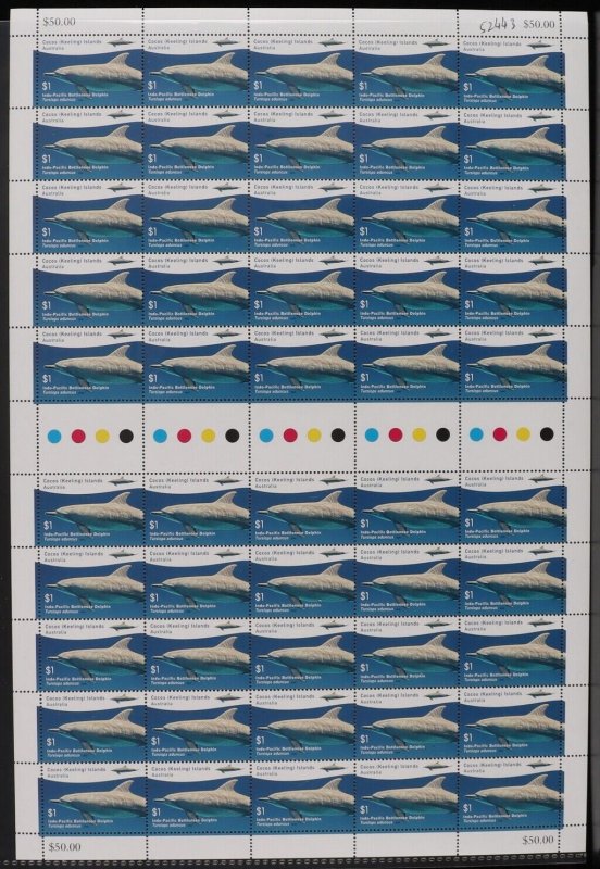 COCOS (KEELING) ISLANDS 2016 Dolphins $1 set of 3 full sheets. MNH **. cat £275.