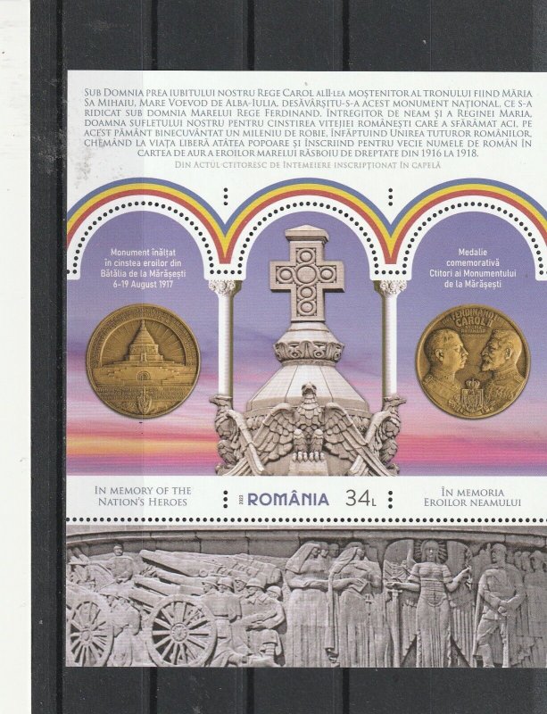 Romania 2023 STAMPS MILITARY HEROES WWI MARASESTI MONUMENT MNH POST MS