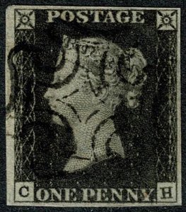 GB 1d Black CH Plate 2. Four margins, Black Maltese cross cancellation.