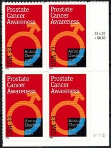 1999 Prostate Cancer Awareness Plate Block of 4 33c Stamps, Sc# 3315, MNH, OG