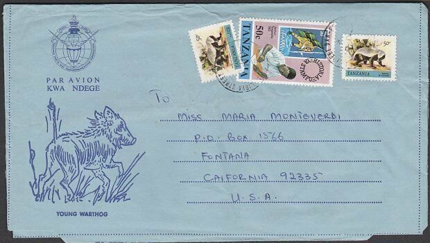 TANZANIA 1983 Warthog formular aerogramme used to USA ex Dar Es Salaam......L920