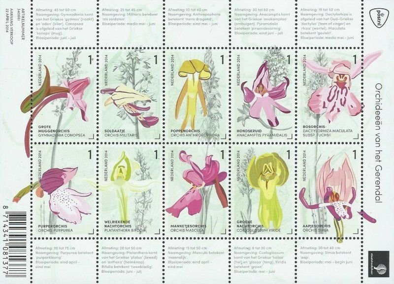 Netherlands 2014 Flowers Orchids set of 10 stamps in block / sheetlet MNH