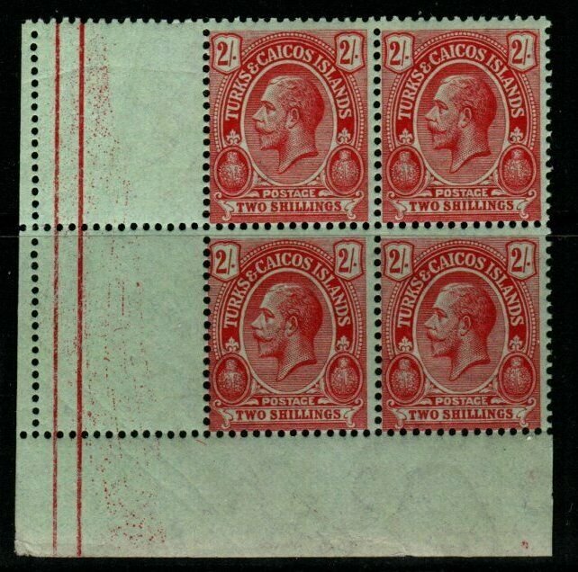 TURKS & CAICOS IS. SG138b 1921 2/= RED/EMERALD BLOCK OF 4 MNH