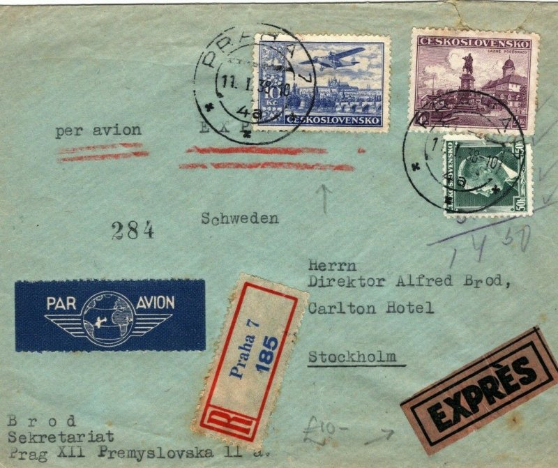 CZECHOSLOVAKIA Cover Prague Reg'd EXPRESS Air Mail SWEDEN Stockholm 1938 LS172