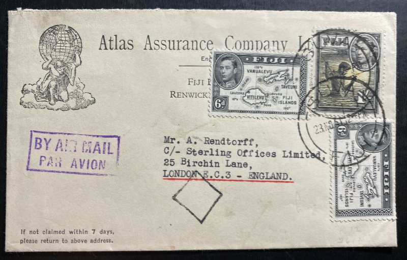 1951 Suva Fiji Atlas Insurance Company Airmail Cover To London England Sc#128 