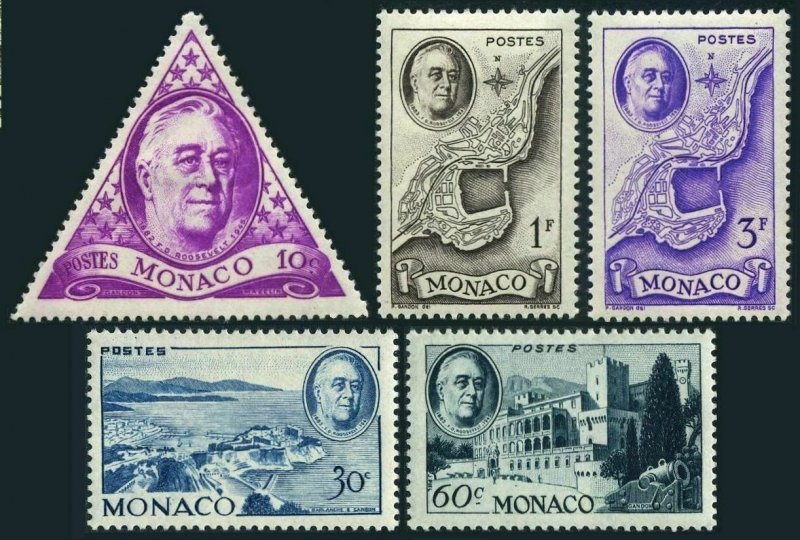 Monaco 198-202, lightly hinged. Michel 322-326. Franklin D. Roosevelt, 1946.