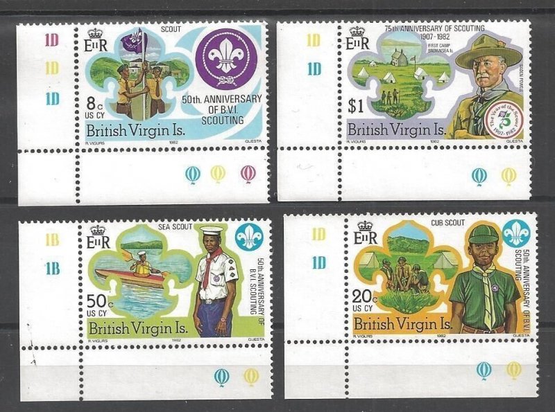 1982 British Virgin Islands Boy Scout 75th anniversary corner plate singles