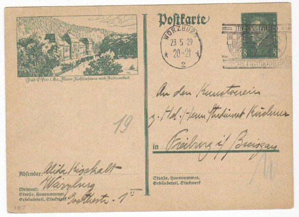 Germany Postal Card Michel #P187 used Wurzburg cancel