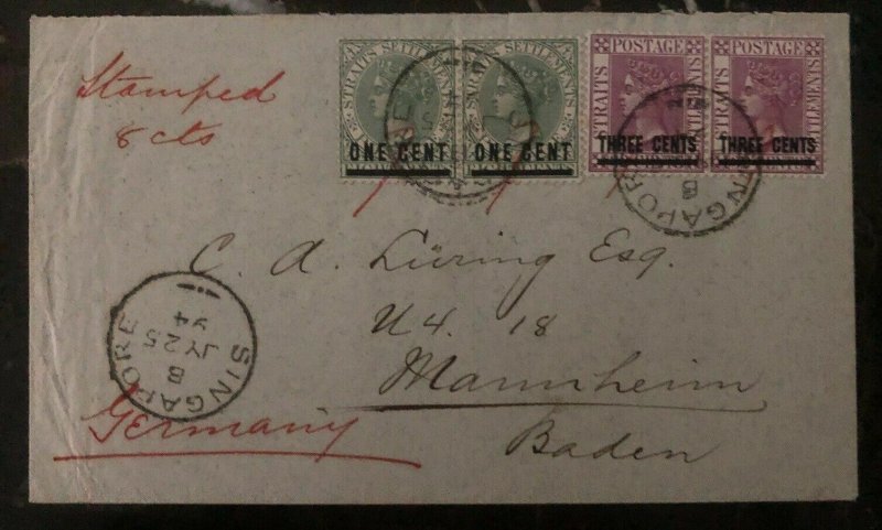1894 Singapore Malaya Cover To Mannheim Germany 8 Cents Stamped