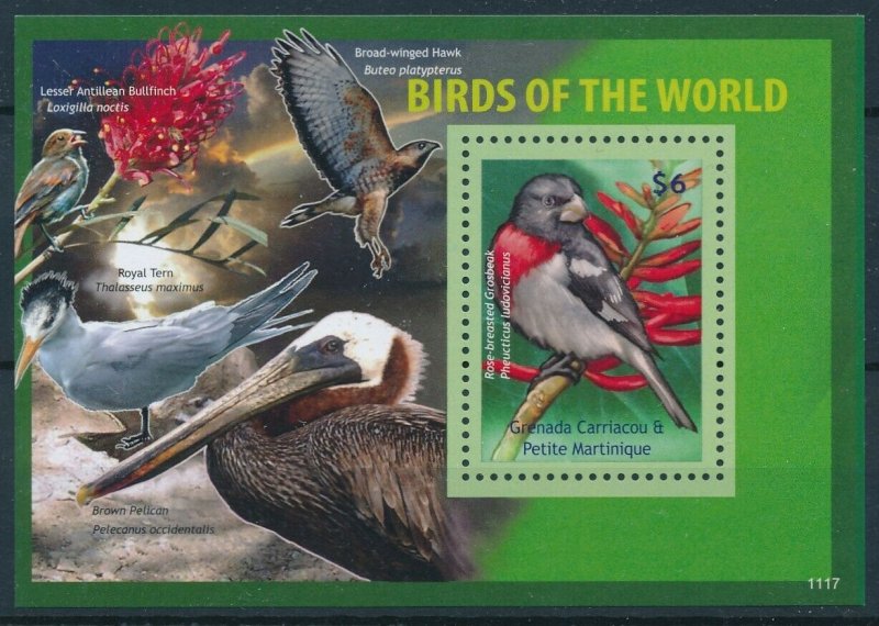 [108774] Gren. Carriacou & Petite Martinique 2011 Birds Grosbeak hawk Sheet MNH