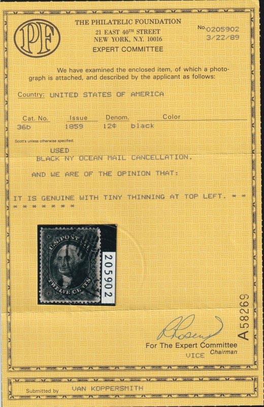 US #36B Used Single,  With Cert.