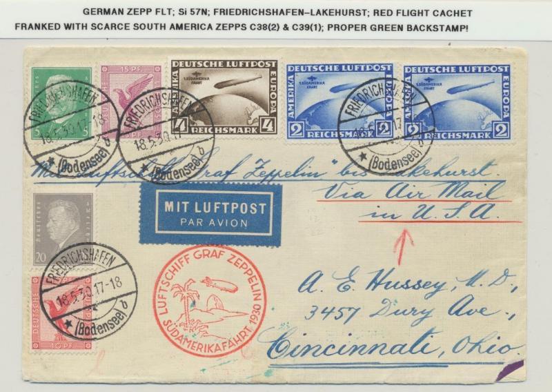 GERMANY-LAKEHURST 1930 ZEPPELIN COVER,SOUTH AMERICA 4M+2M(2)ZEPS Si#57N GREEN BS