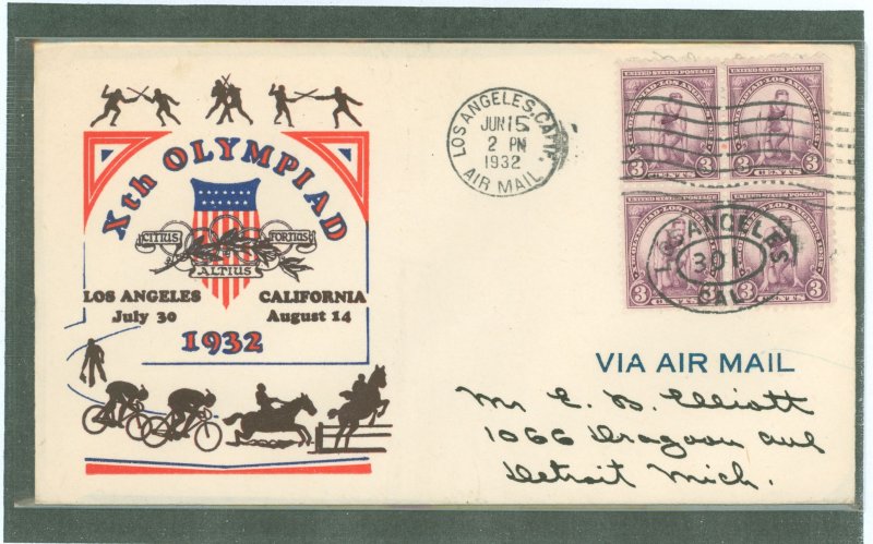 US 718 1932 3c Xth Olympiad summer olympics, Los Angeles, CA (sports, runner) block of four on an addressed first day cover wi