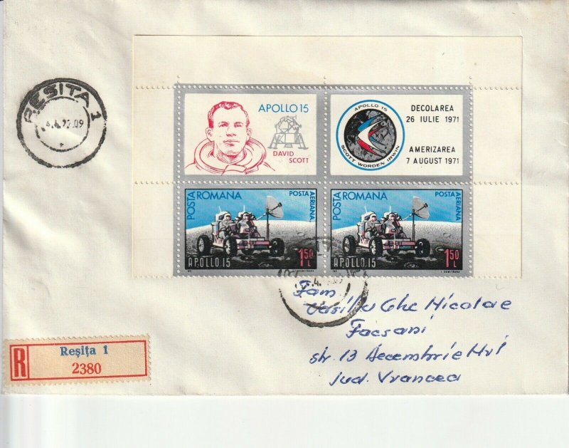 ROMANIA COVER 1972 COSMOS APOLLO 15 SPACE TRAVEL USED POST RECORDED DAVID SCOTT 