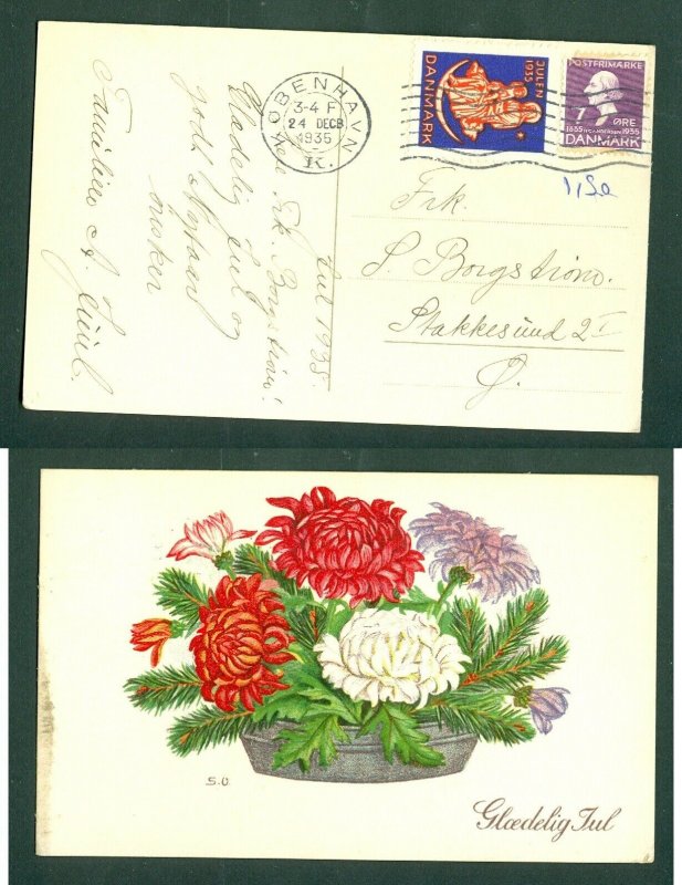 Denmark. Postcard 1935. Faaborg. 7 Ore + Seal. 24 Dec. Copenh. Flowers. Copenh.