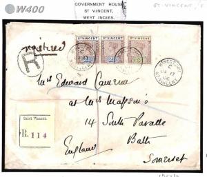 W400 St Vincent *GOVERNMENT HOUSE* W.Indies 1906 Registered Cover Bath Somerset