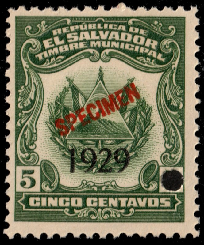 ✔️ EL SALVADOR 1929 (1920) COAT OF ARMS MUNICIPAL REVENUE 5 CTVS MNH [040]