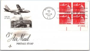 US FIRST DAY COVER LUMINESCENT TAGGED 8c AIRMAIL STAMP PLATE BLOCK OF (4) 1963 B