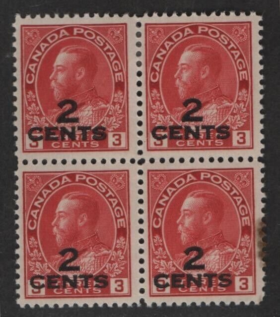 Canada Sc#140 M/H/VF block of 4, stain on LR stamp